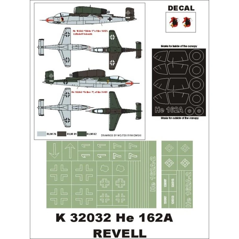 Heinkel He 162A-2 February Canopy Mask (exterior And Interior) + 2 Insignia Masks + Decals (designed To Be Farming With Revell K 1 Heinkel He 162A-2 February Canopy Mask (exterior And Interior) + 2 Insignia Masks + Decals (designed To Be Farming With Revell K