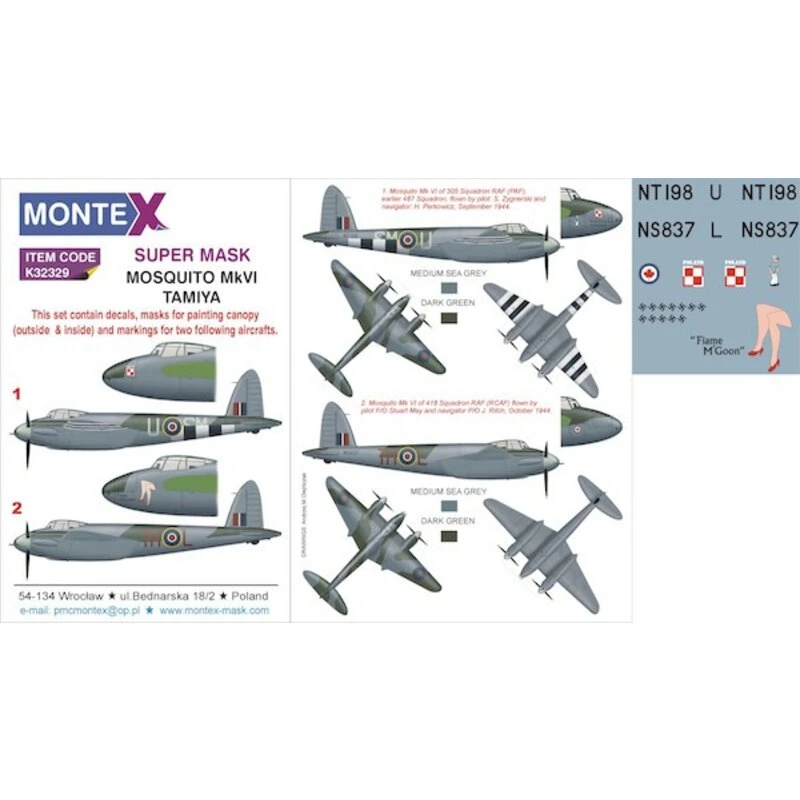De Havilland Mosquito Mk.VI (ontworpen Voor Gebruik Met Tamiya Kits) 2 Kap Masker (buiten En Binnen) + 3 Insignia Maskers + Deca 1 De Havilland Mosquito Mk.VI (ontworpen Voor Gebruik Met Tamiya Kits) 2 Kap Masker (buiten En Binnen) + 3 Insignia Maskers + Deca