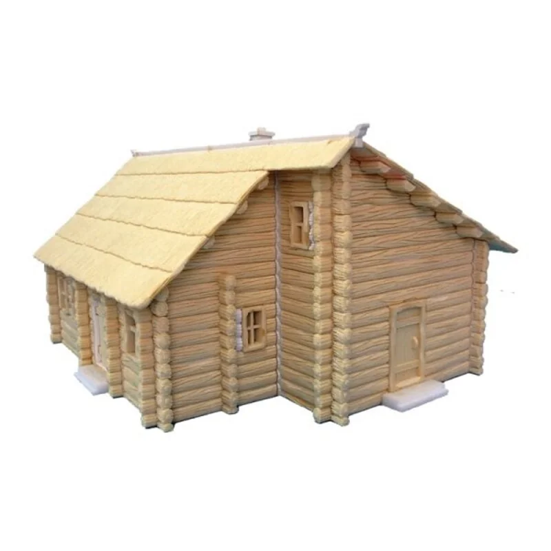 Two Storey Log House With Thatch Roof. Prepainted 1 Two Storey Log House With Thatch Roof. Prepainted